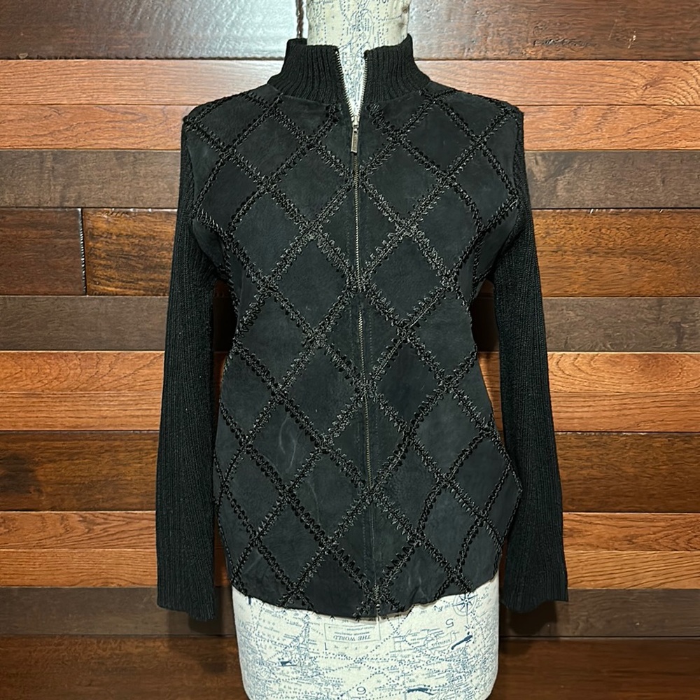 Robert Louis Pop Collar Long Sleeve Embellished Black Swede Sweater